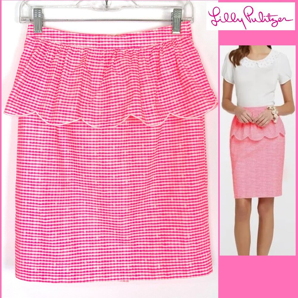 Lilly Pulitzer Thyme Scallop Peplum Gingham Skirt Fiesta Pretty Pink Size 2 - Picture 2 of 16